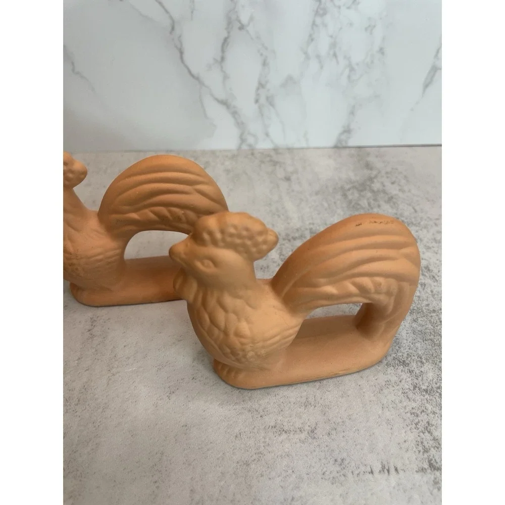 Rooster Chicken Napkin Rings Terra Cotta Clay Country Farm Set Of 4